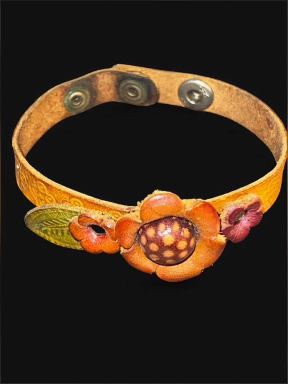 Vintage Handmade Leather Floral Snap Bracelet - Orange, Red, Green